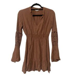 Blush women's M brown boho long sleeve cut out crochet casual mini dress EUC